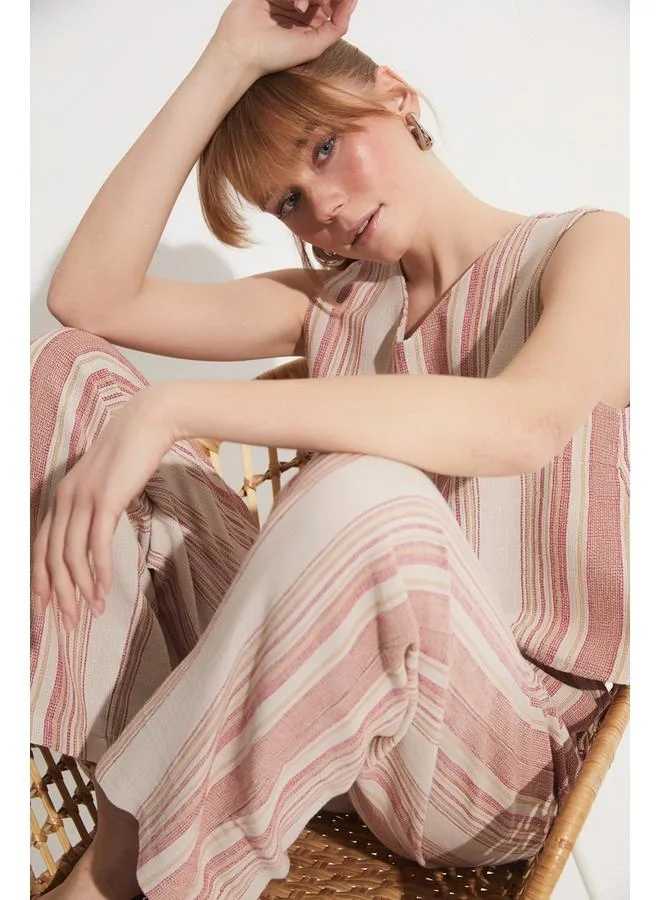 جون June Striped Cotton Blouse & Trouser Set Red