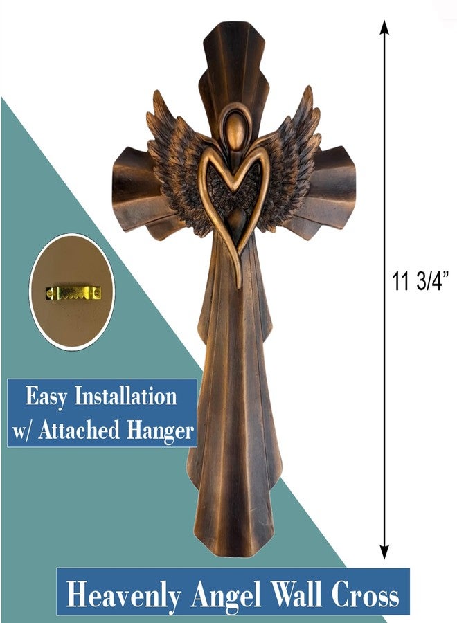 Top Brass Heavenly Angel Wing Wall Cross - Bronze-Finish Resin Cross with Heart-Shaped Angel and Detailed Feathered Wings - 11 ¾” Tall Inspirational Religious Wall Décor - Image 3