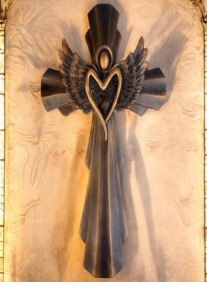 Top Brass Heavenly Angel Wing Wall Cross - Bronze-Finish Resin Cross with Heart-Shaped Angel and Detailed Feathered Wings - 11 ¾” Tall Inspirational Religious Wall Décor - Image 2