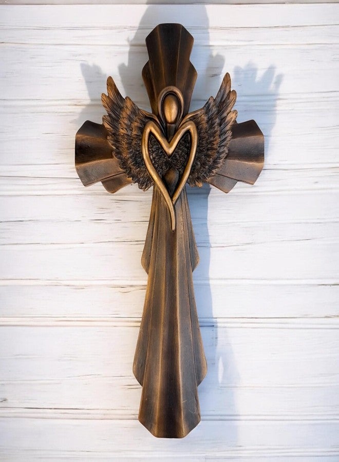 Top Brass Heavenly Angel Wing Wall Cross - Bronze-Finish Resin Cross with Heart-Shaped Angel and Detailed Feathered Wings - 11 ¾” Tall Inspirational Religious Wall Décor - Image 5