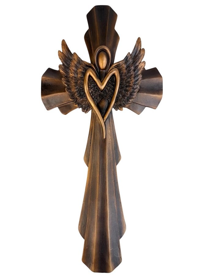 Top Brass Heavenly Angel Wing Wall Cross - Bronze-Finish Resin Cross with Heart-Shaped Angel and Detailed Feathered Wings - 11 ¾” Tall Inspirational Religious Wall Décor - Image 1