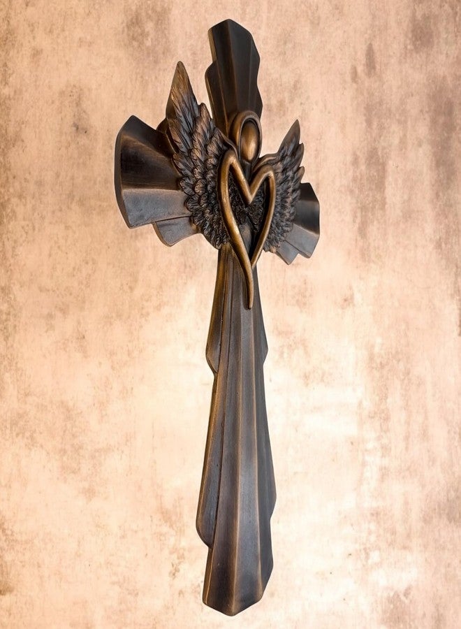 Top Brass Heavenly Angel Wing Wall Cross - Bronze-Finish Resin Cross with Heart-Shaped Angel and Detailed Feathered Wings - 11 ¾” Tall Inspirational Religious Wall Décor - Image 4