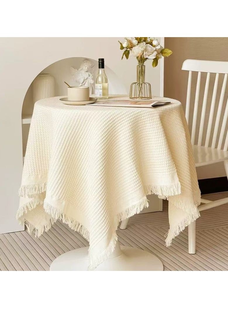 شيانغ مي مفرش طاولة من القطن والكتان باللون البيج والأبيض مقاس 130 سم × 130 سم، مفرش طاولة مزخرف من القماش المستدير - Image 1