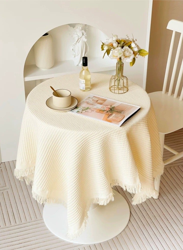 شيانغ مي مفرش طاولة من القطن والكتان باللون البيج والأبيض مقاس 130 سم × 130 سم، مفرش طاولة مزخرف من القماش المستدير - Image 2