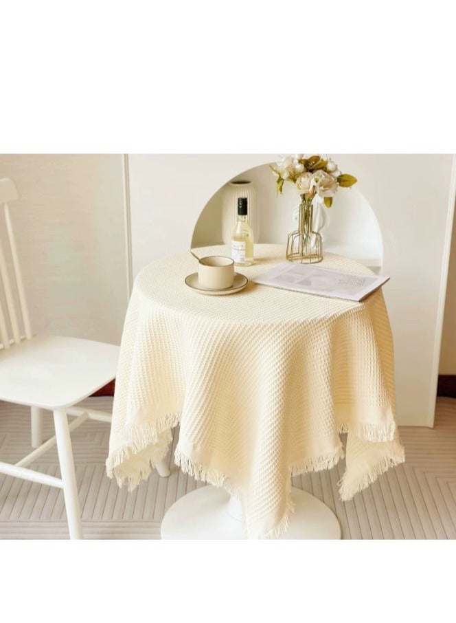 شيانغ مي مفرش طاولة من القطن والكتان باللون البيج والأبيض مقاس 130 سم × 130 سم، مفرش طاولة مزخرف من القماش المستدير - Image 3