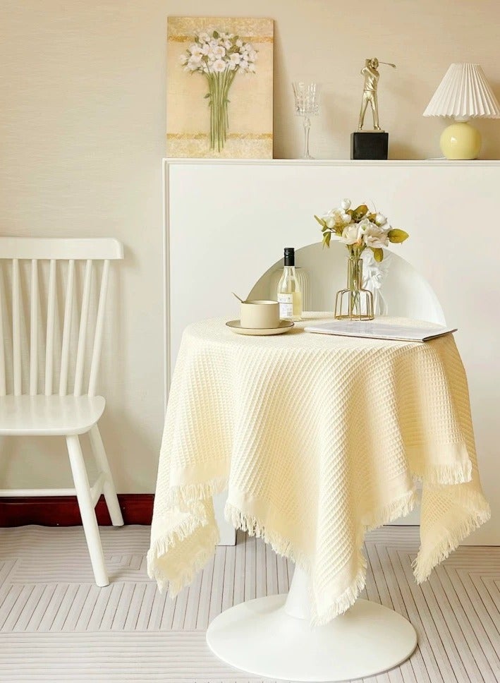 شيانغ مي مفرش طاولة من القطن والكتان باللون البيج والأبيض مقاس 130 سم × 130 سم، مفرش طاولة مزخرف من القماش المستدير - Image 4