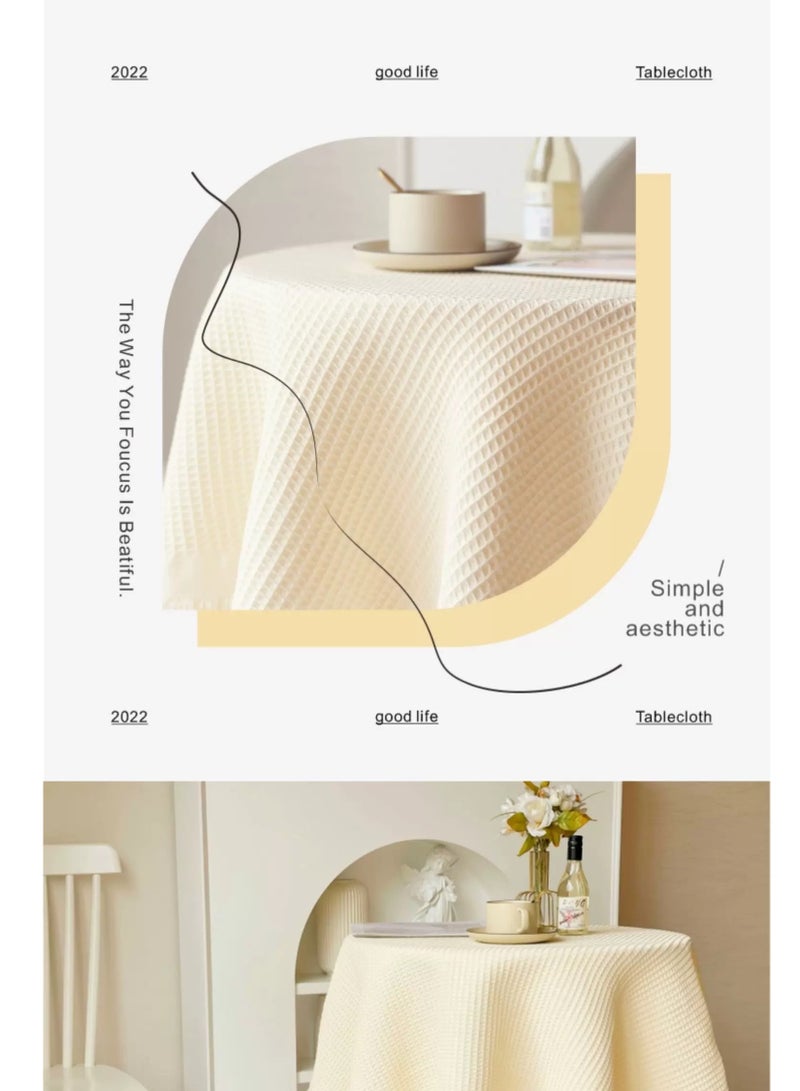 شيانغ مي مفرش طاولة من القطن والكتان باللون البيج والأبيض مقاس 130 سم × 130 سم، مفرش طاولة مزخرف من القماش المستدير - Image 5