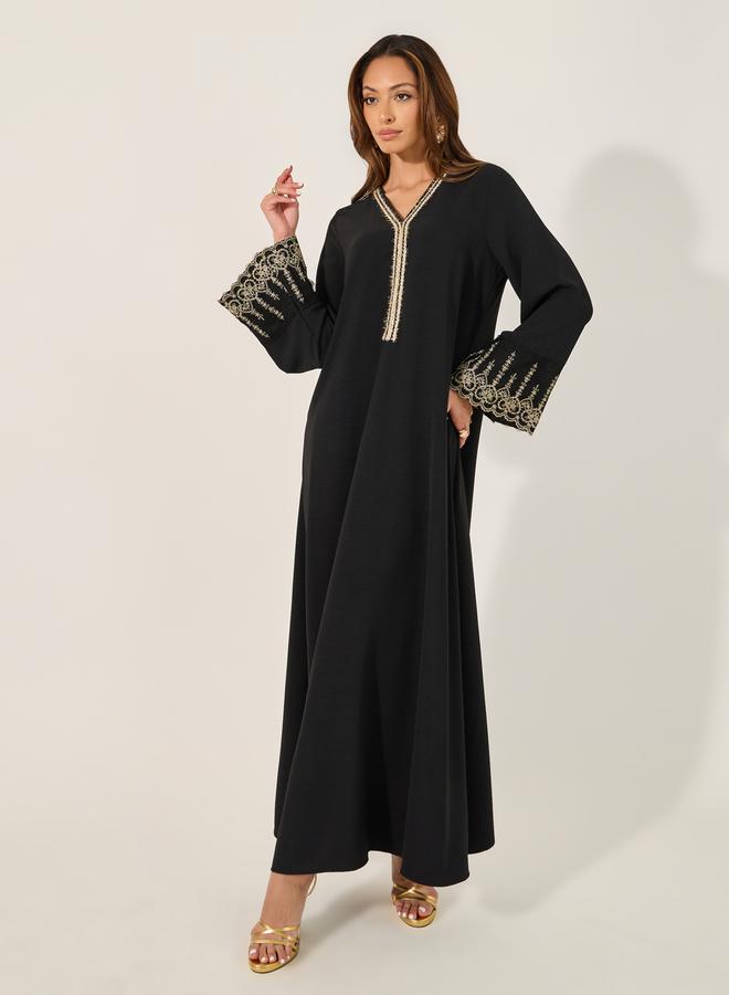 Styli Lace Trim Detail V-Neck A-Line Jalabyia  - Image 1