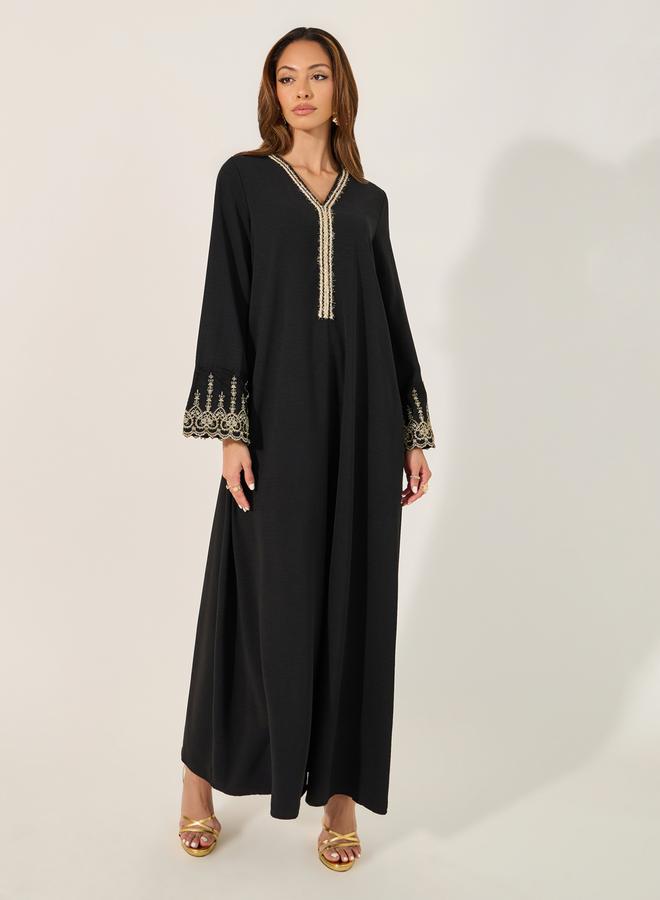 Styli Lace Trim Detail V-Neck A-Line Jalabyia  - Image 2