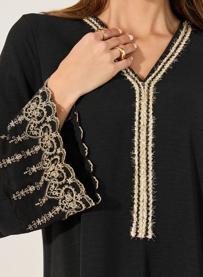 Styli Lace Trim Detail V-Neck A-Line Jalabyia  - Image 4