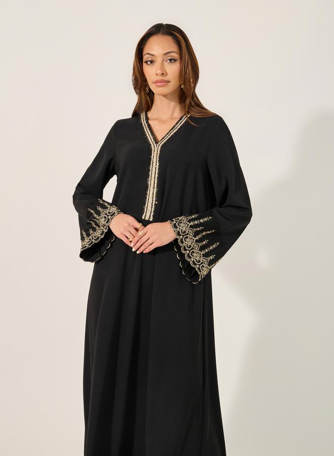 Styli Lace Trim Detail V-Neck A-Line Jalabyia  - Image 3