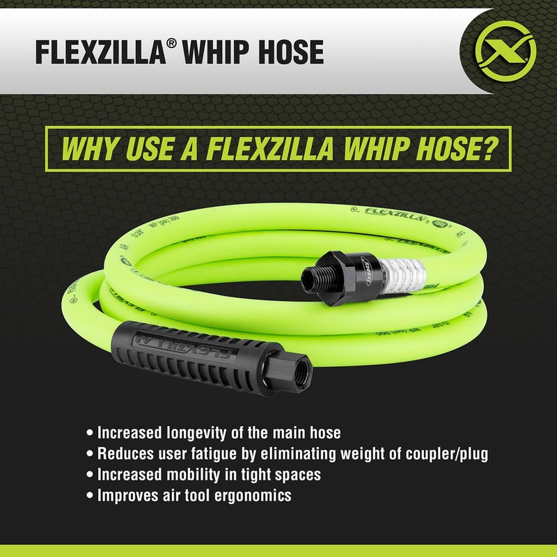 Flexzilla Swivel Whip Air Hose, 3/8 in. x 6 ft. (1/4" MNPT Ball Swivel x 1/4" FNPT Ends), Heavy Duty, Lightweight, Hybrid, ZillaGreen - HFZ3806YW2B - Image 3