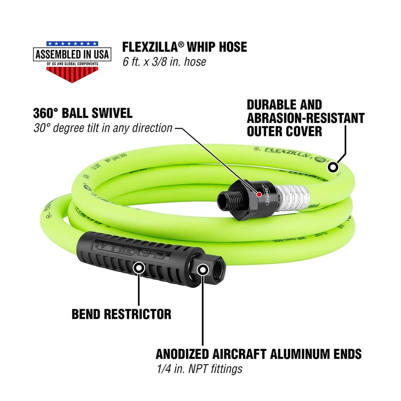 Flexzilla Swivel Whip Air Hose, 3/8 in. x 6 ft. (1/4" MNPT Ball Swivel x 1/4" FNPT Ends), Heavy Duty, Lightweight, Hybrid, ZillaGreen - HFZ3806YW2B - Image 2