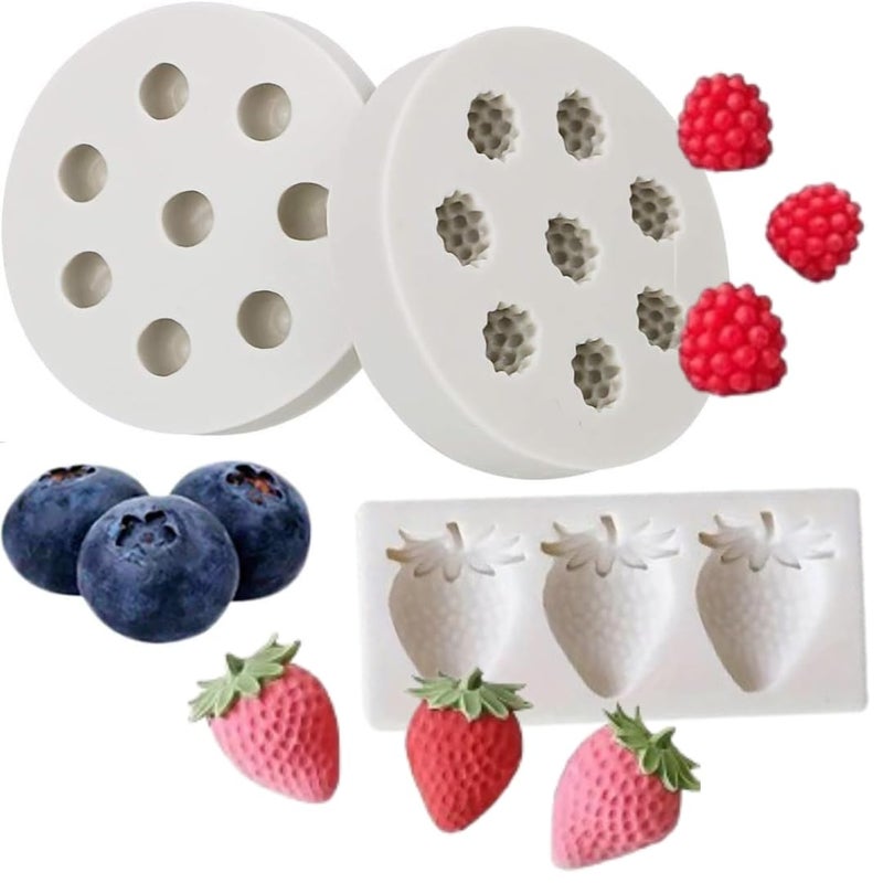 LEGACYCART 3 PCS Blueberry Raspberry Strawberry Cake Fondant Molds Berry Series Sugarcraft Gumpaste Silicone Mold for Chocolate Candy Cupcake Topper Decorating Polymer Clay Pack of 3 - Image 1
