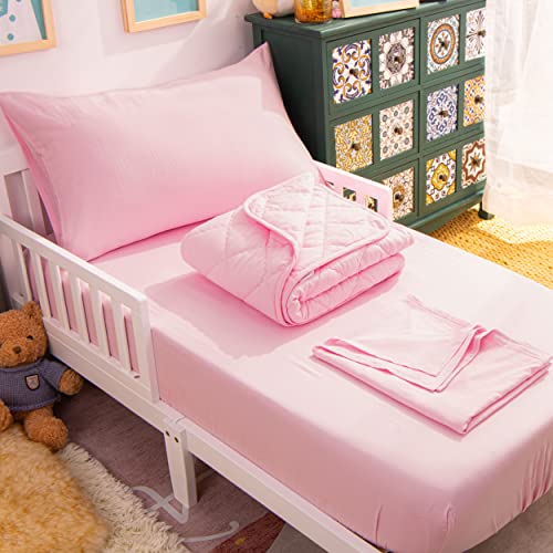 NTBAY Toddler Bedding Set - 4 Piece Soft and Breathable Crib Bedding Set for Boys and Girls, Includes Quilted Comforter, Fitted Sheet, Flat Top Sheet and Envelope Pillowcase, Pink - Image 1
