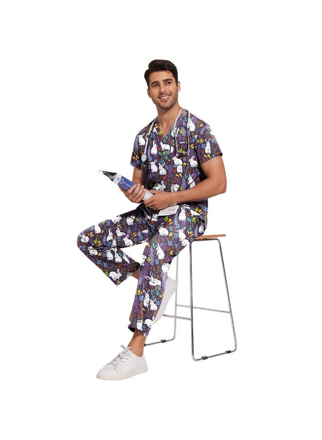 NIBEMINENT Scrub Set Men Casual Short-sleeved Pet Nurse Work Clothes Cartoon Print V-neck Dentist Work Uniform Practical Pocket - Image 3