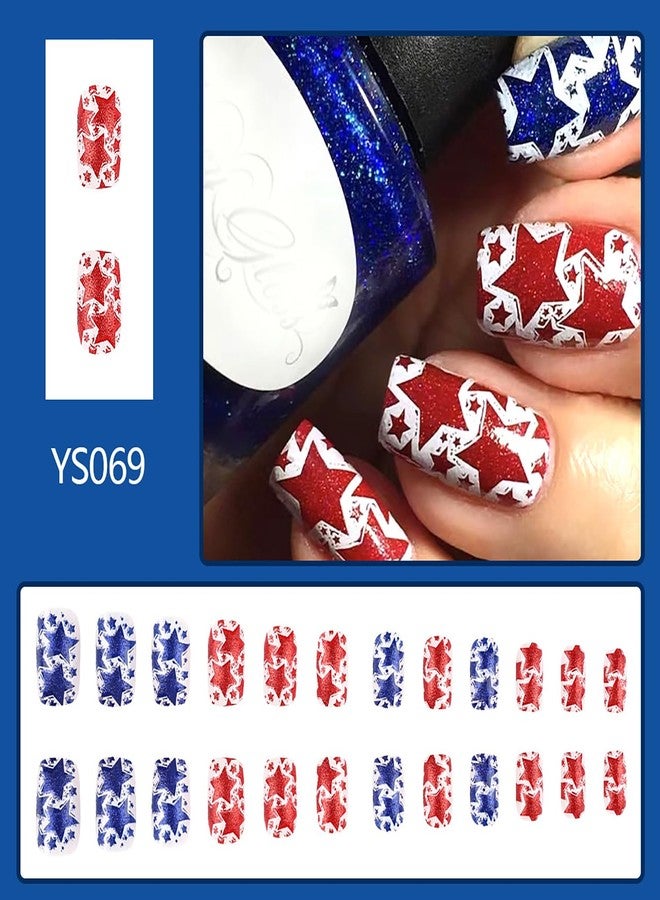 TBRZTR Independence Day Press on Nails Medium Square Red Blue Stars Glitter Powder Design July 4th Acrylic Artificial Fingernails Full Cove Star Fake Nail 4th of July Glue on Nail for Women 24Pcs - Image 2