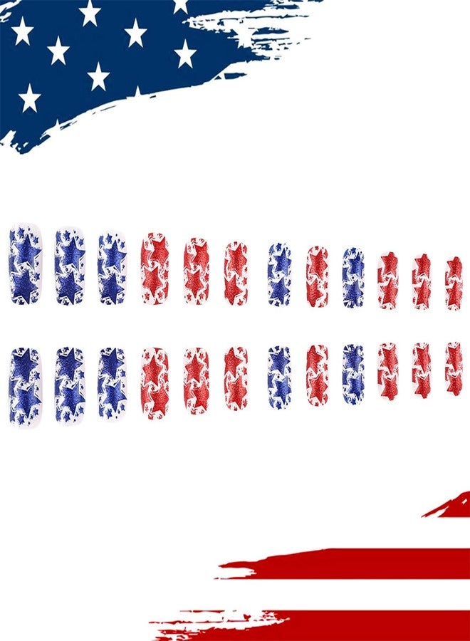 TBRZTR Independence Day Press on Nails Medium Square Red Blue Stars Glitter Powder Design July 4th Acrylic Artificial Fingernails Full Cove Star Fake Nail 4th of July Glue on Nail for Women 24Pcs - Image 3
