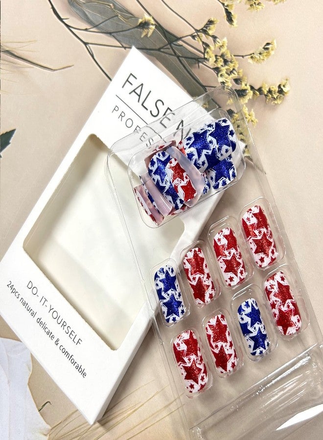 TBRZTR Independence Day Press on Nails Medium Square Red Blue Stars Glitter Powder Design July 4th Acrylic Artificial Fingernails Full Cove Star Fake Nail 4th of July Glue on Nail for Women 24Pcs - Image 4
