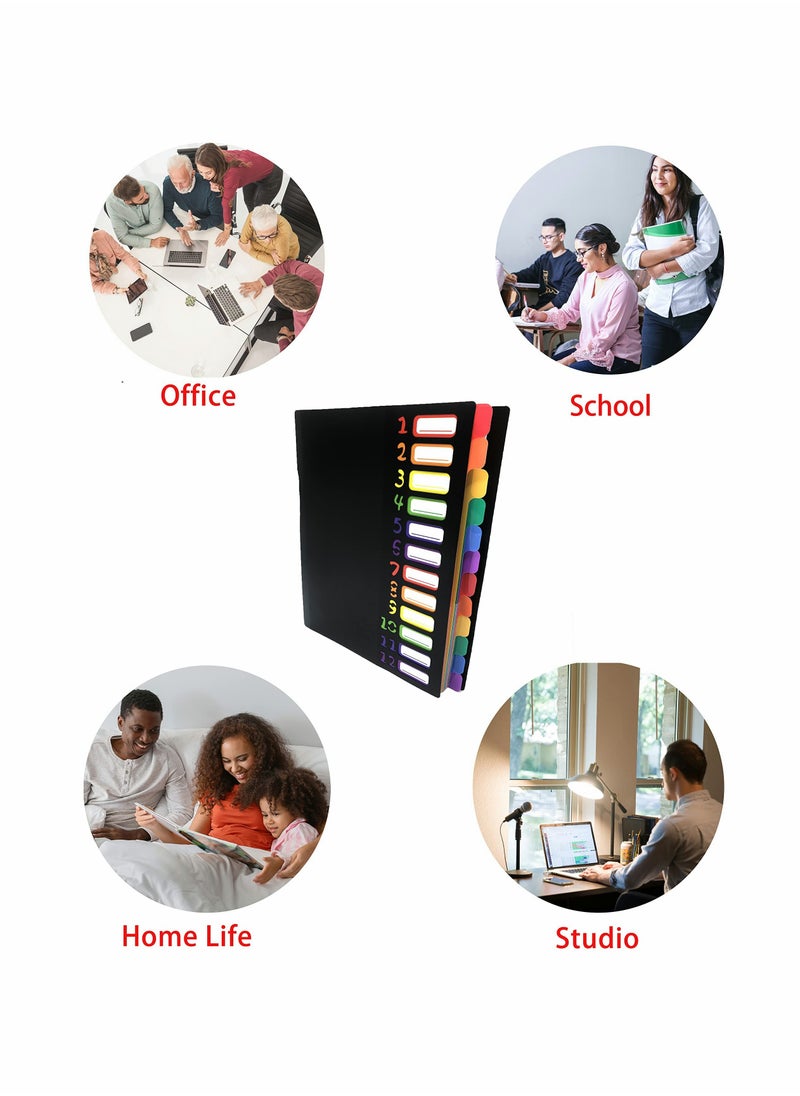 Colored File Folders,Accordian File Organizer Black Cover with 24 Pockets, A4 Letter Size Expanding Hold 240 Sheets, with Rainbow Tabs Suitable for School Office Travel