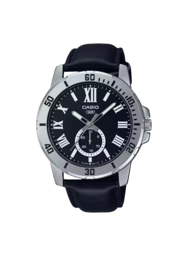 ساعة يد رجالية بعقارب وسوار جلد أسود