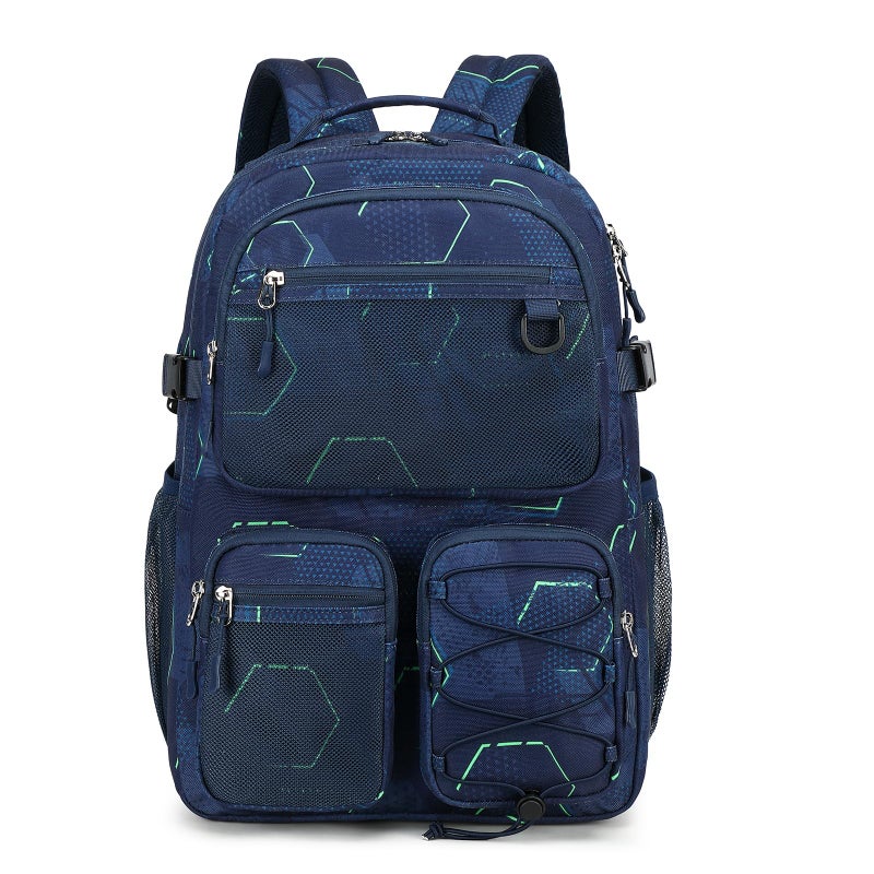 Lohol Multi-Pocket Backpack for Travel College, Heavy Duty Big Bookbag with 15.6 inch Laptop Compartment (Navy Geometry - Image 1