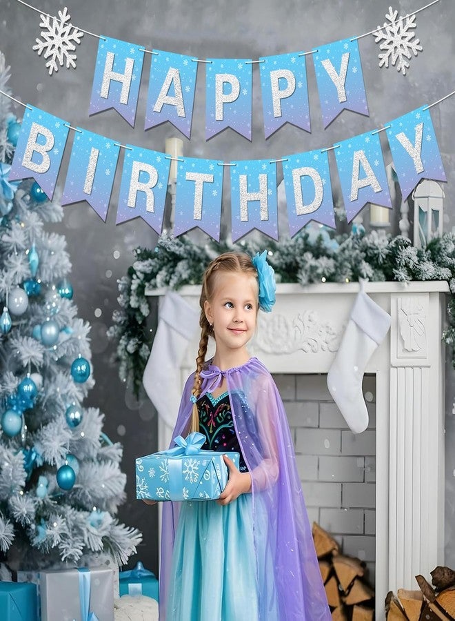 Blopee Winter Snowflake Happy Birthday Banner Prestrung intend for Girl Winter Wonderland Frozen Themed Birthday Party Decorations Blue Purple Silver - Image 5
