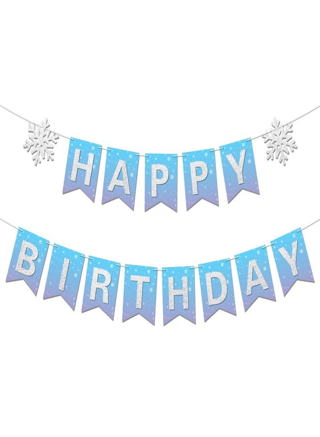 Blopee Winter Snowflake Happy Birthday Banner Prestrung intend for Girl Winter Wonderland Frozen Themed Birthday Party Decorations Blue Purple Silver - Image 1