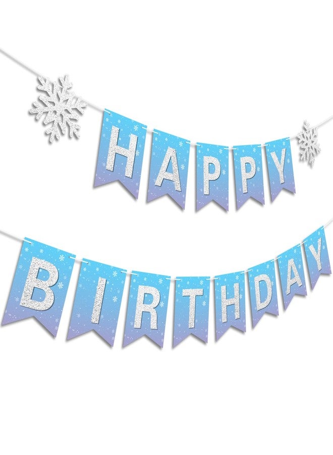 Blopee Winter Snowflake Happy Birthday Banner Prestrung intend for Girl Winter Wonderland Frozen Themed Birthday Party Decorations Blue Purple Silver - Image 2