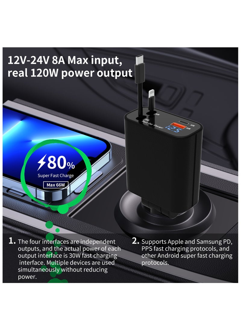 120W Retractable Fast Car Charger, 5 IN 1 Super Fast Phone Car Charger, 2 Retractable Cables and 2 USB Ports Car Charger Adapter for iPhone 16/15/14/13/12/11, iPad, Samsung - pzsku/Z867800CE029262779630Z/45/_/1728985901/c4d2a54b-d6af-46db-9cc2-f6a8a87e6157