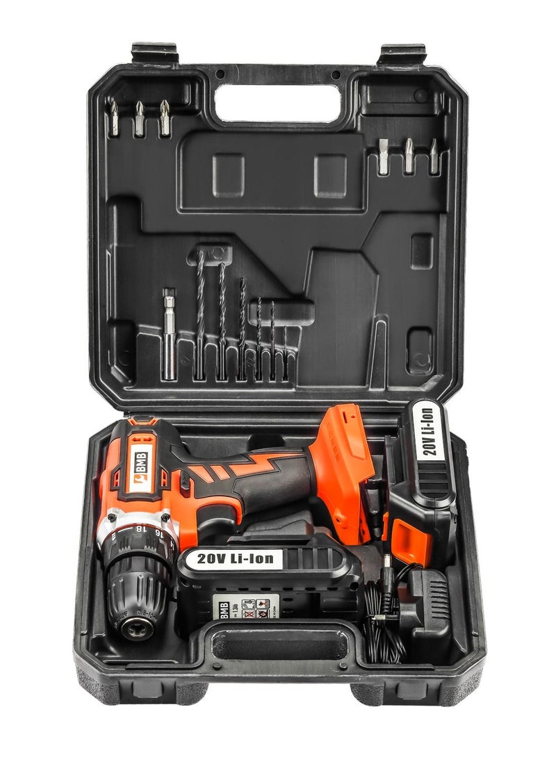 BMB tools Impact Cordless Drill 20V Set with 2 Lithium Ion Batteries 1300mAh |13 Piece Accessories & Kitbox | Electric drill | Rotary Hammer Drill | For Concrete | Metal & Wood Drilling  - Image 2