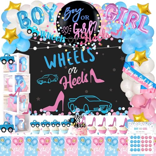 Hombae Wheels or Heels Gender Reveal Decorations 169 PCs Boy or Girl Gender Reveal Decorations Backdrop Balloon Garland Banner Tablecloth Cake Cupcake Topper Box Cutout Poster Sash Pink Blue - Image 1