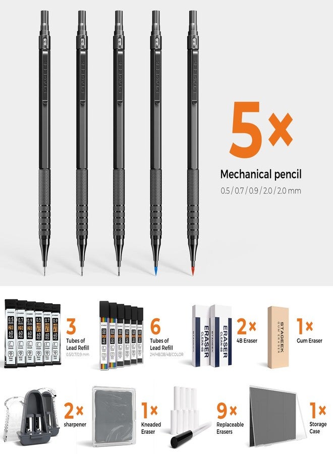 STAGEEK 25PCS Art Mechanical Pencil Set, 3PCS Metal lead pencil 0.5, 0.7, 0.9, 2PCS 2mm Drawing Pencil (HB 2H 2B 4B Color) with 392PCS Graphite Leads, Eraser with Case for Drafting Drawing Writing - Image 5