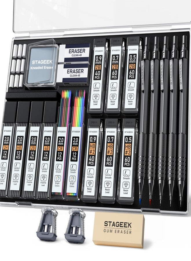STAGEEK 25PCS Art Mechanical Pencil Set, 3PCS Metal lead pencil 0.5, 0.7, 0.9, 2PCS 2mm Drawing Pencil (HB 2H 2B 4B Color) with 392PCS Graphite Leads, Eraser with Case for Drafting Drawing Writing - Image 1