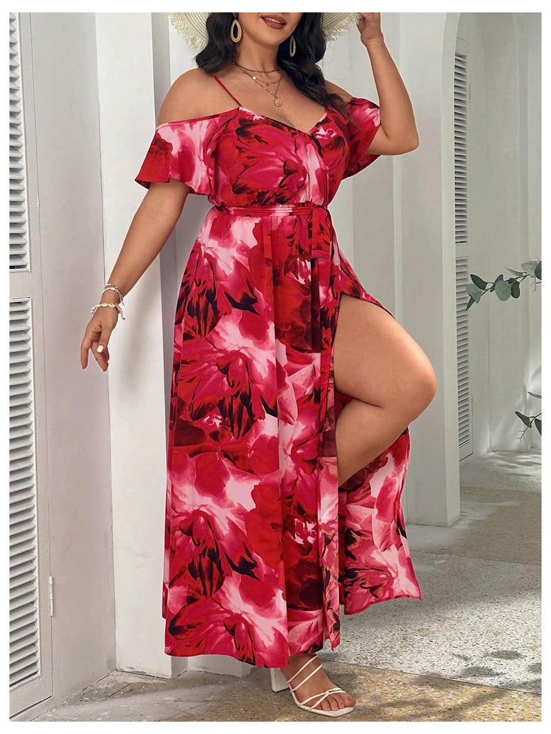 Floerns Women's Plus Size Cold Shoulder Short Sleeve Split Thigh Long Dress Hot Red 1XL - Image 3