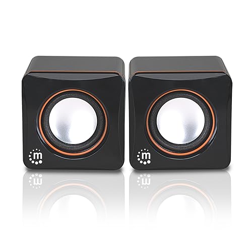 Manhattan USB Powered Stereo Speaker System - Small Size - with Volume Control & 3.5 mm Aux Audio Plug to Connect to Laptop, Notebook, Desktop, Computer - 3 Yr Mfg Warranty - Black Orange, 161435 - Image 1