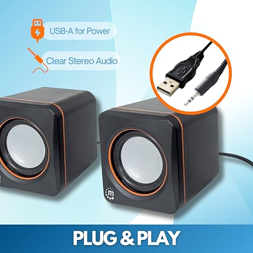 Manhattan USB Powered Stereo Speaker System - Small Size - with Volume Control & 3.5 mm Aux Audio Plug to Connect to Laptop, Notebook, Desktop, Computer - 3 Yr Mfg Warranty - Black Orange, 161435 - Image 2