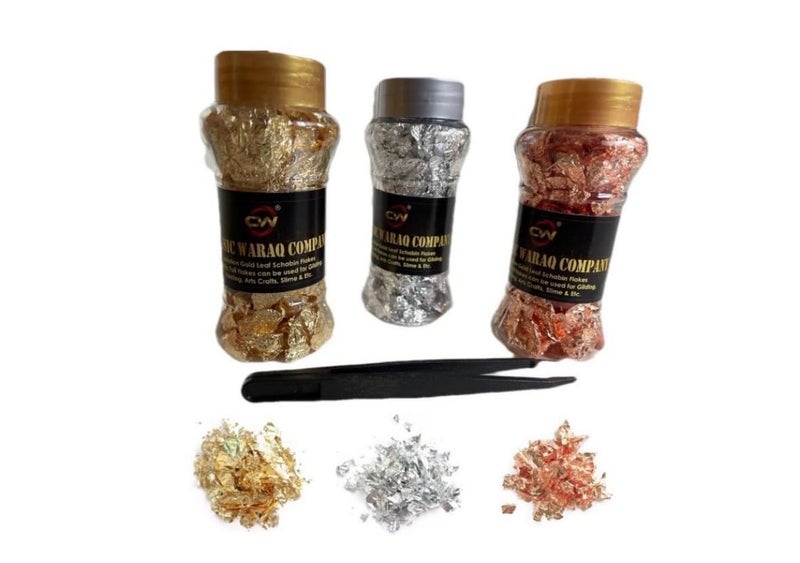 Klassic Waraq Company Gold Leaf Gilding Flakes 9g 3 Packs Imitation Gold Metallic Foil Flakes for Nail Arts Paintings DIY Crafts Resin ArtsGold Silver and Copper 3g for Each Pack 
