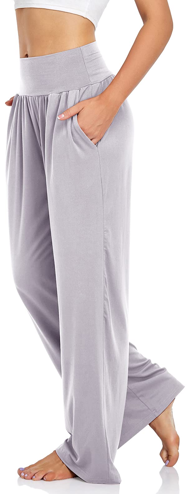 UEU Women's Casual Loose Wide Leg Cozy Pants Yoga Sweatpants Comfy High Waisted Sports Athletic Lounge Pants with Pockets (Light Gray, Medium) - Image 2