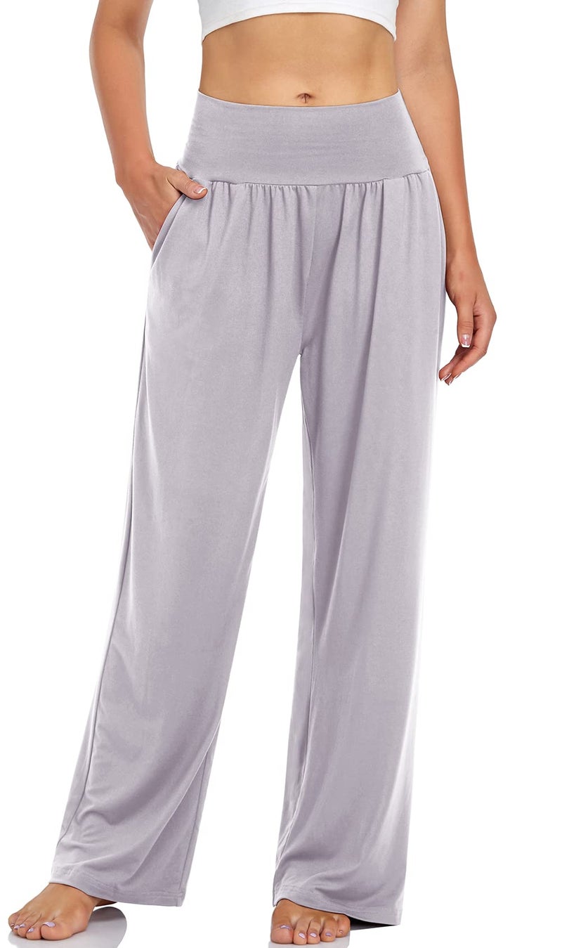 UEU Women's Casual Loose Wide Leg Cozy Pants Yoga Sweatpants Comfy High Waisted Sports Athletic Lounge Pants with Pockets (Light Gray, Medium) - Image 1