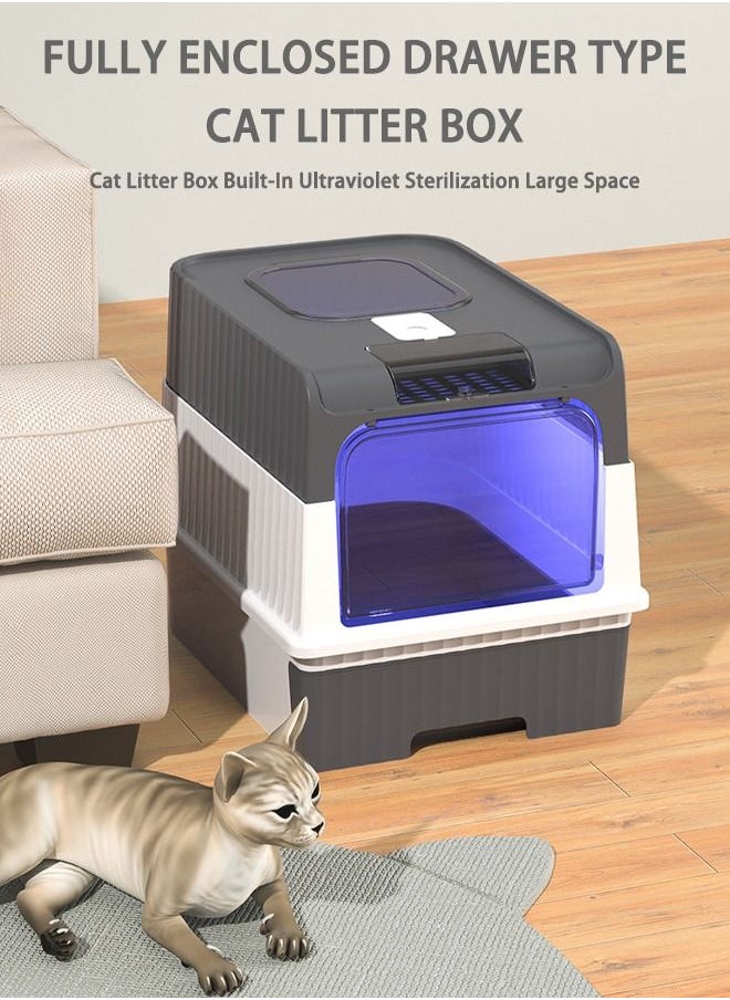 Arabest - Cat Litter Box Extra Large Drawer Type Rechargeable Sterilisation and Odour Proof Pet Fully Enclosed Cat Litter Box Grey - Image 1