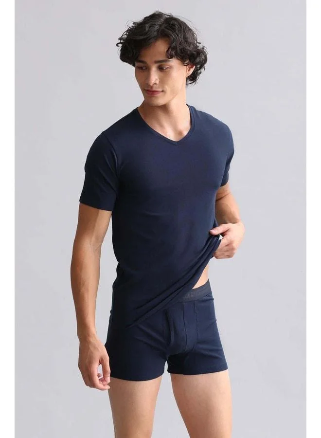 Aytuğ Linen Modal by TENCEL HERCULES Slim Fit V-Neck Fanila / Navy T-Shirt.