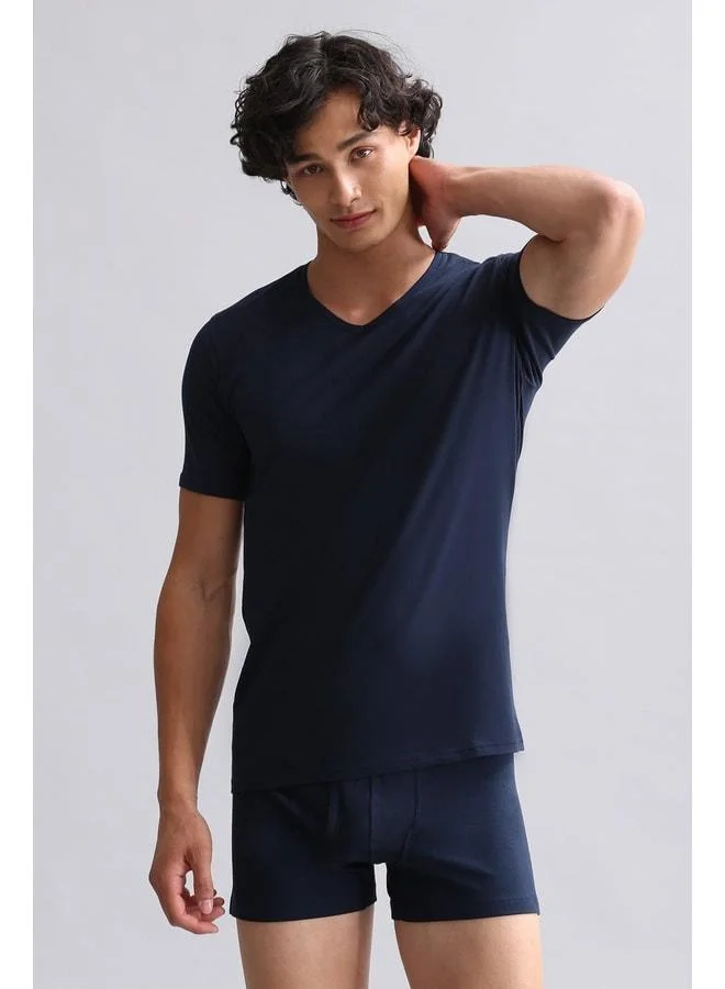 Aytuğ Linen Modal by TENCEL HERCULES Slim Fit V-Neck Fanila / Navy T-Shirt.