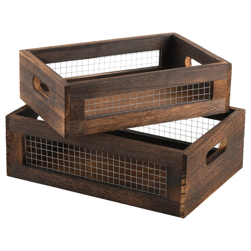 Dicunoy Dicunoy Set of 2 Rustic Nesting Boxes  Wooden Organizer Crates Basket  Small Decorative Wood Wire Containers with Handle for Countertop  Fruit  Veggies  Kitchen  Bathroom  Pantry Storage  Gift Basket  - Image 1