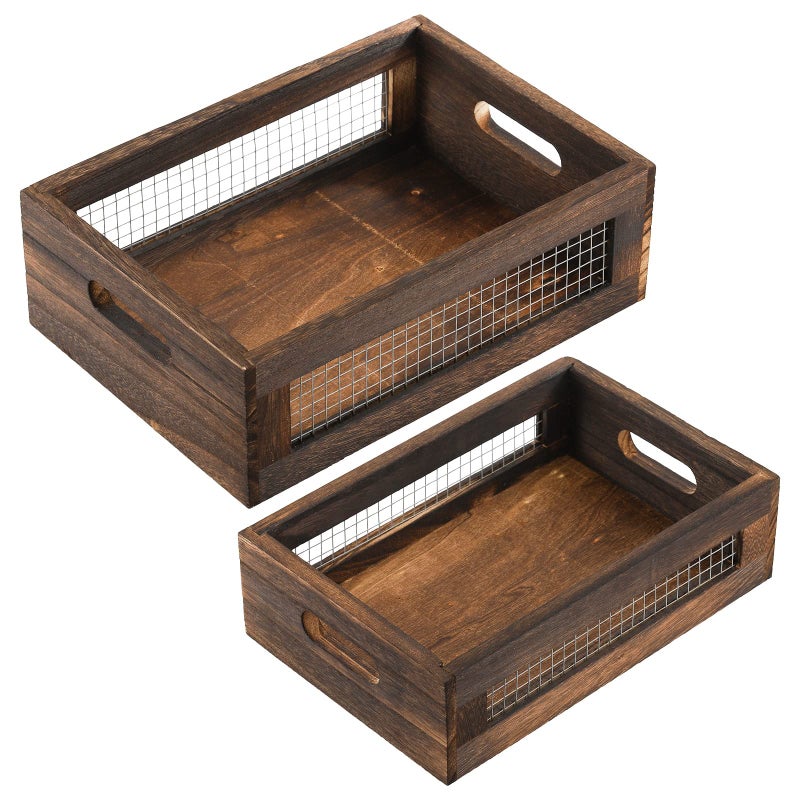 Dicunoy Dicunoy Set of 2 Rustic Nesting Boxes  Wooden Organizer Crates Basket  Small Decorative Wood Wire Containers with Handle for Countertop  Fruit  Veggies  Kitchen  Bathroom  Pantry Storage  Gift Basket  - Image 3