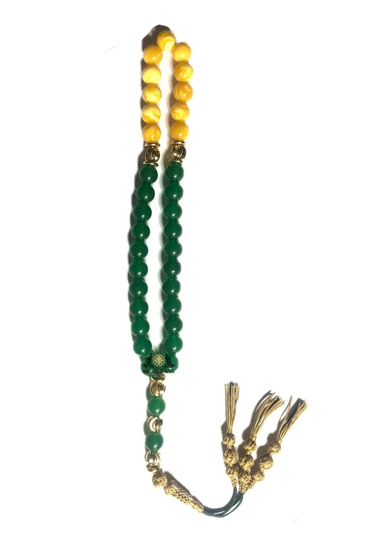 Miracle Empire - Prayer Beads33 Amber Sand Jade 18K Gold Plated Beads - Image 1