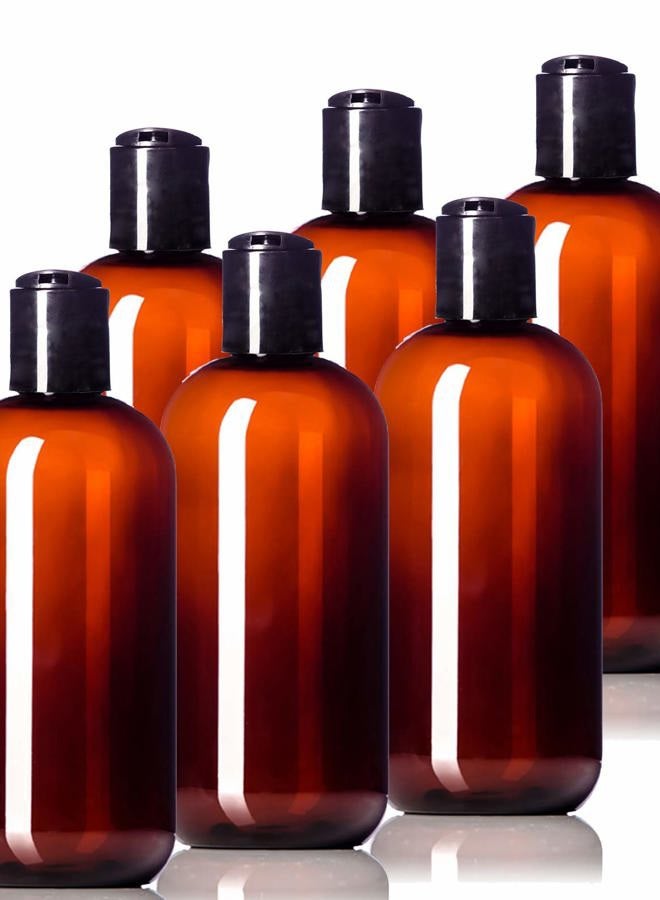 Aromine 8oz Plastic Amber Bottles (6 Pack) BPA-Free Squeeze Containers with Disc Cap, Labels Included - Image 1