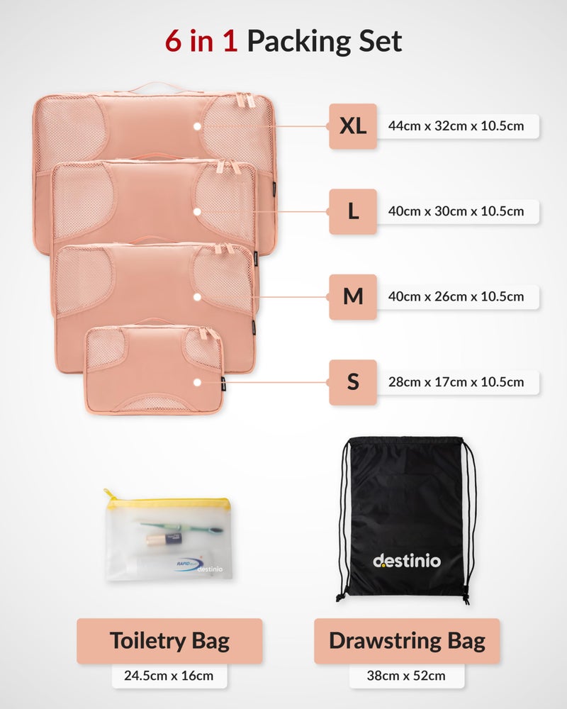 Destinio Packing Cubes for Travel, 6 in 1 Water Resistant Travel Organizer Pouch Set (4 Cubes+Drawstring Bag+Cosmetic Pouch) Luggage Suitcase Wardrobe Bags for Clothes, Packing Cubes (Pink) - Image 5