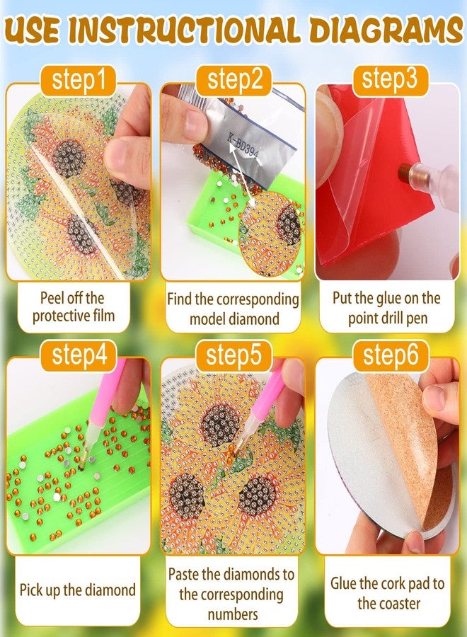 UPINS 8Pcs Sunflower Diamond Art Painting Coasters for Drinks DIY Coaster Diamond Art Kits for Adults Kids Beginners Diamond Art Craft Supplies (Sunflower) - Image 3
