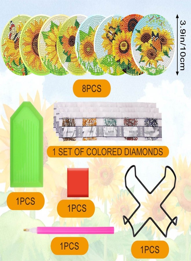 UPINS 8Pcs Sunflower Diamond Art Painting Coasters for Drinks DIY Coaster Diamond Art Kits for Adults Kids Beginners Diamond Art Craft Supplies (Sunflower) - Image 2
